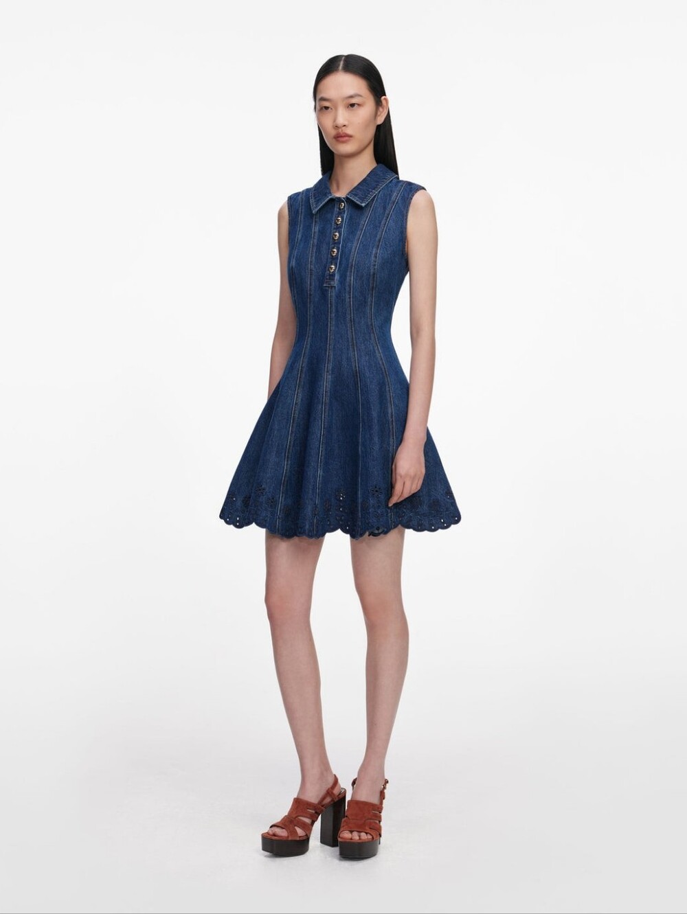 Self Portrait Denim Broderie Mini Dress - Picture 2 of 8